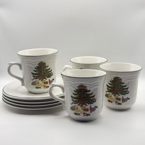 VTG Christmas Tree Stoneware Mug Tea Cup Saucer‎ Toys  Holiday Vitromaster Set 4